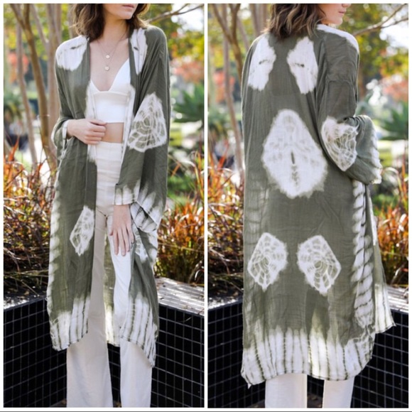 Olive Tie Dye Kimono Wrap Duster Coverup - Picture 2 of 3